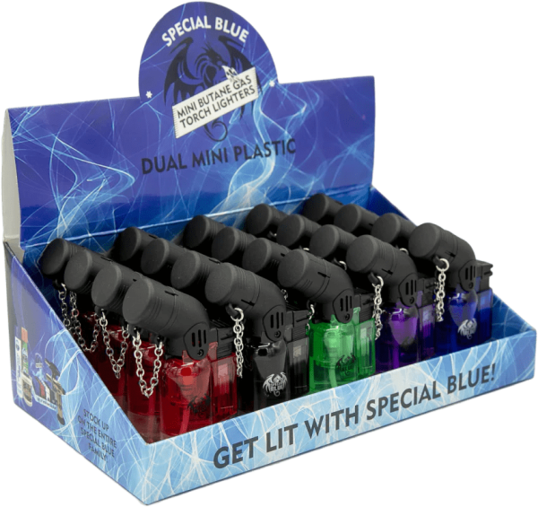 Box of 20 - Special Blue Dual Mini Plastic Torch Lighters - Image 2