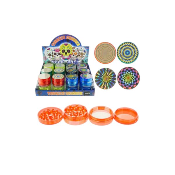 Plastic Tobacco Grinder - 4 Parts - 50 mm - Assorted Circle Designs - (GR044) - Image 2