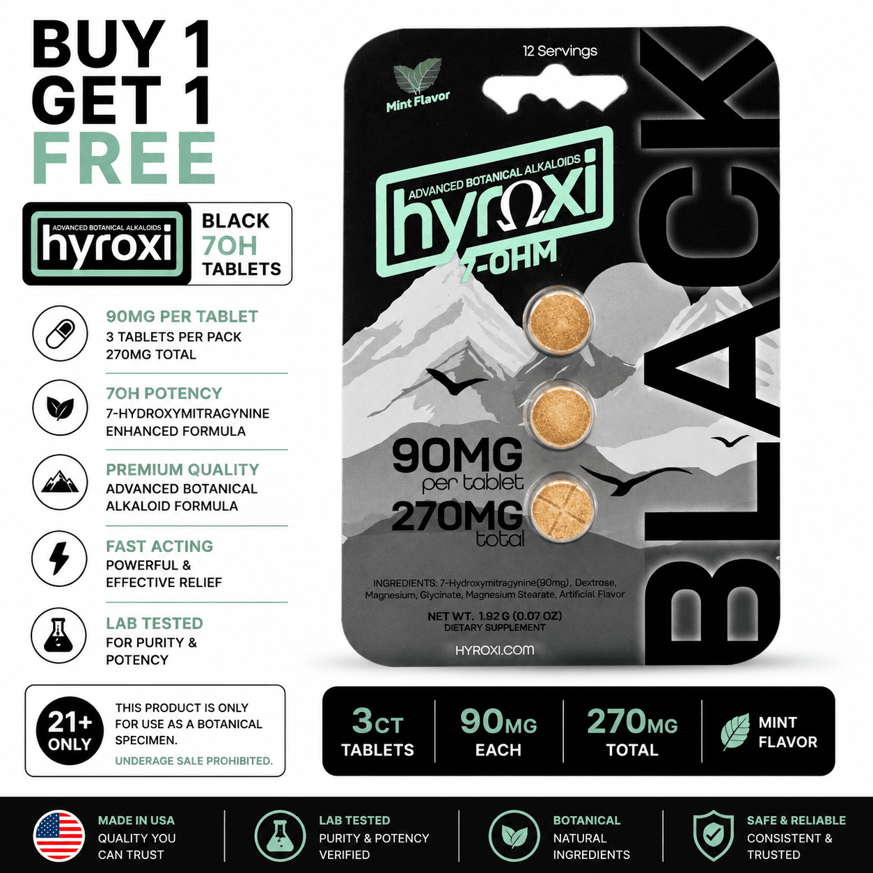 Hyroxi Black | 7OH Tablets | 3CT – 90MG Each | 270MG Hyroxi Black | 7OH Tablets | 3CT - 90MG Each | 270MG - Image 1