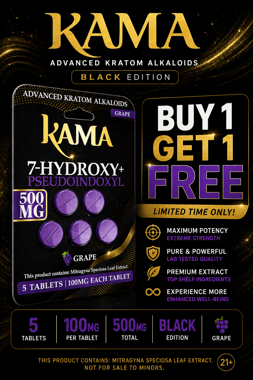 Kama | Black Pseudo + 7OH | 5CT – 100MG Each | 500MG Kama | Black Pseudo + 7OH | 5CT - 100MG Each | 500MG - Image 1
