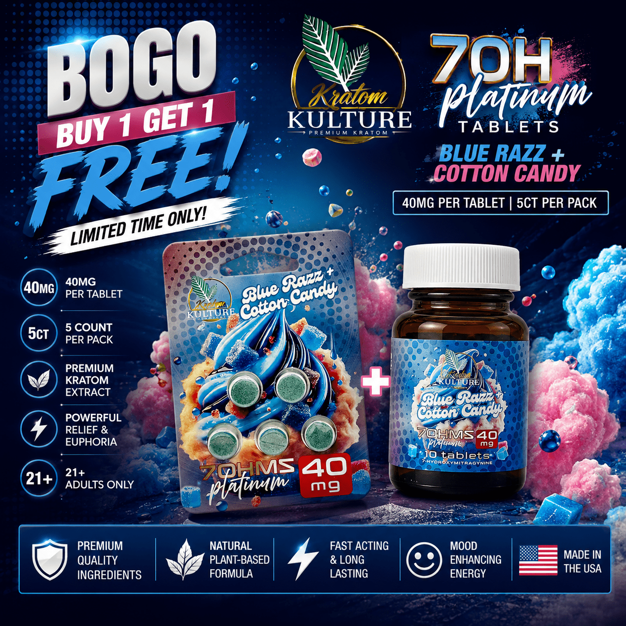 Kratom Kulture | 7OH Platinum Tablets | Blue Razz + Cotton Candy | 40MG Kratom Kulture | 7OH Platinum Tablets | Blue Razz + Cotton Candy | 40MG - Image 1